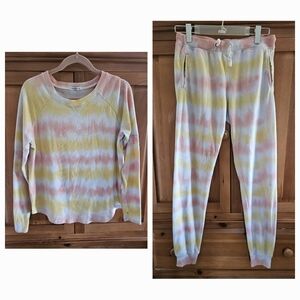Theo & Spence Tie Dye Set Matching Top & Joggers Yellow Peach & White Womens M